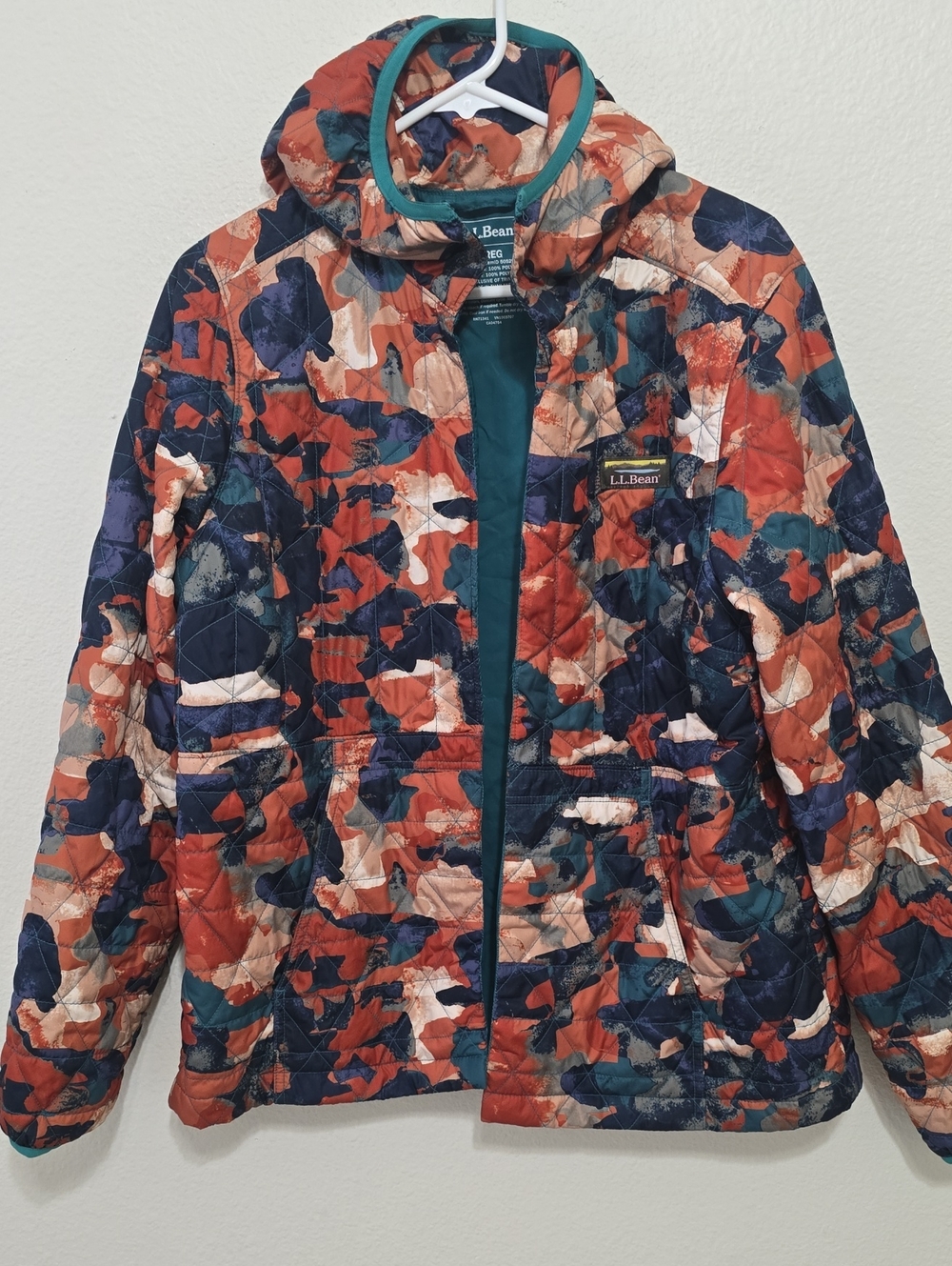 L.L. Bean Women's  Quilted Hooded Puffer Jacket - Orange, Navy, Teal, Cream L
